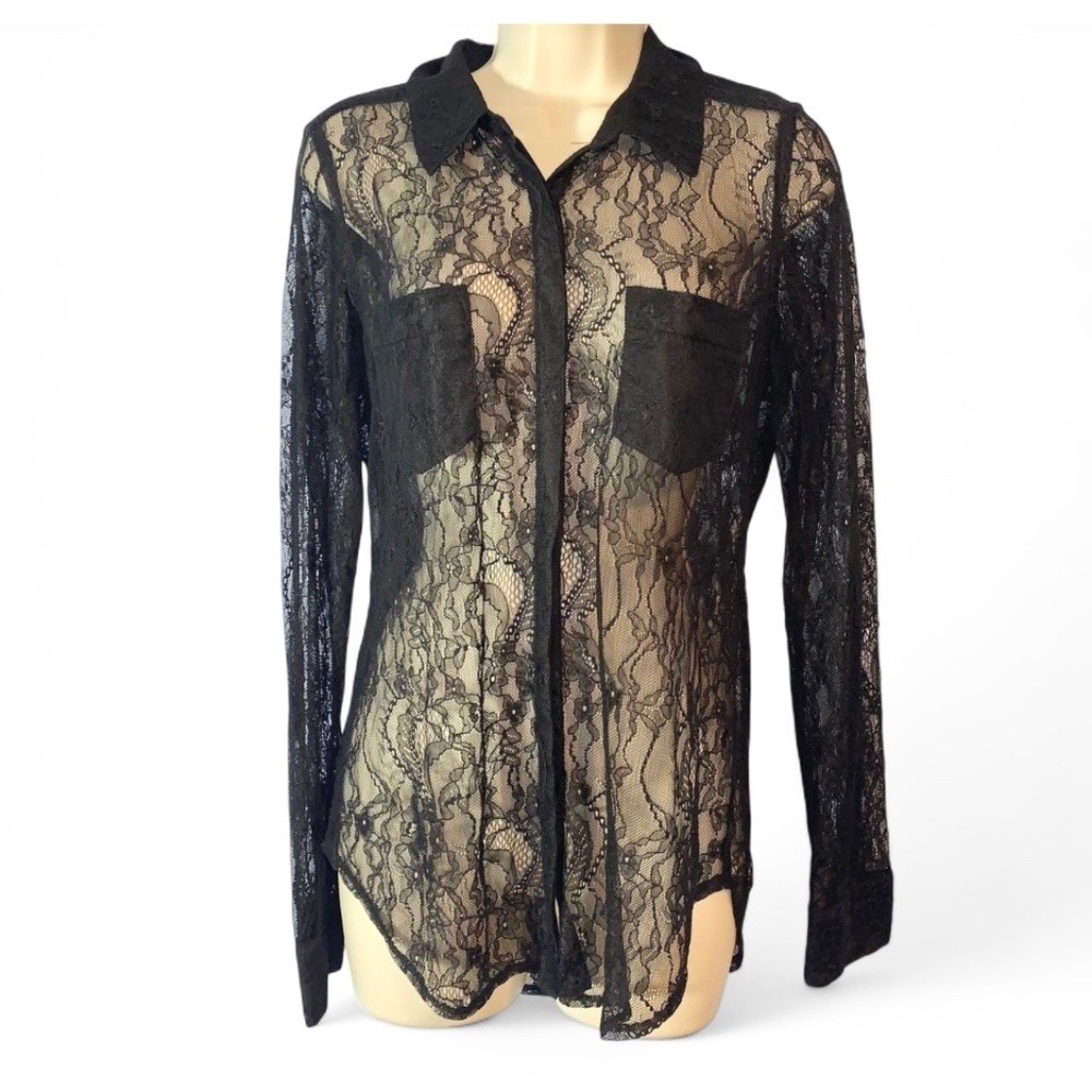 GUESS Sheer Floral Lace Button Down Shirt Womens Size S Black